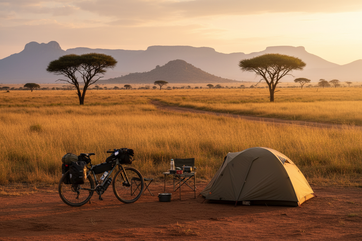 Cycling camping adventure with African landscape